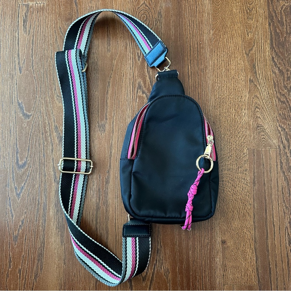 Ahdorned Black Crossbody Sling Bag with Pink Accents